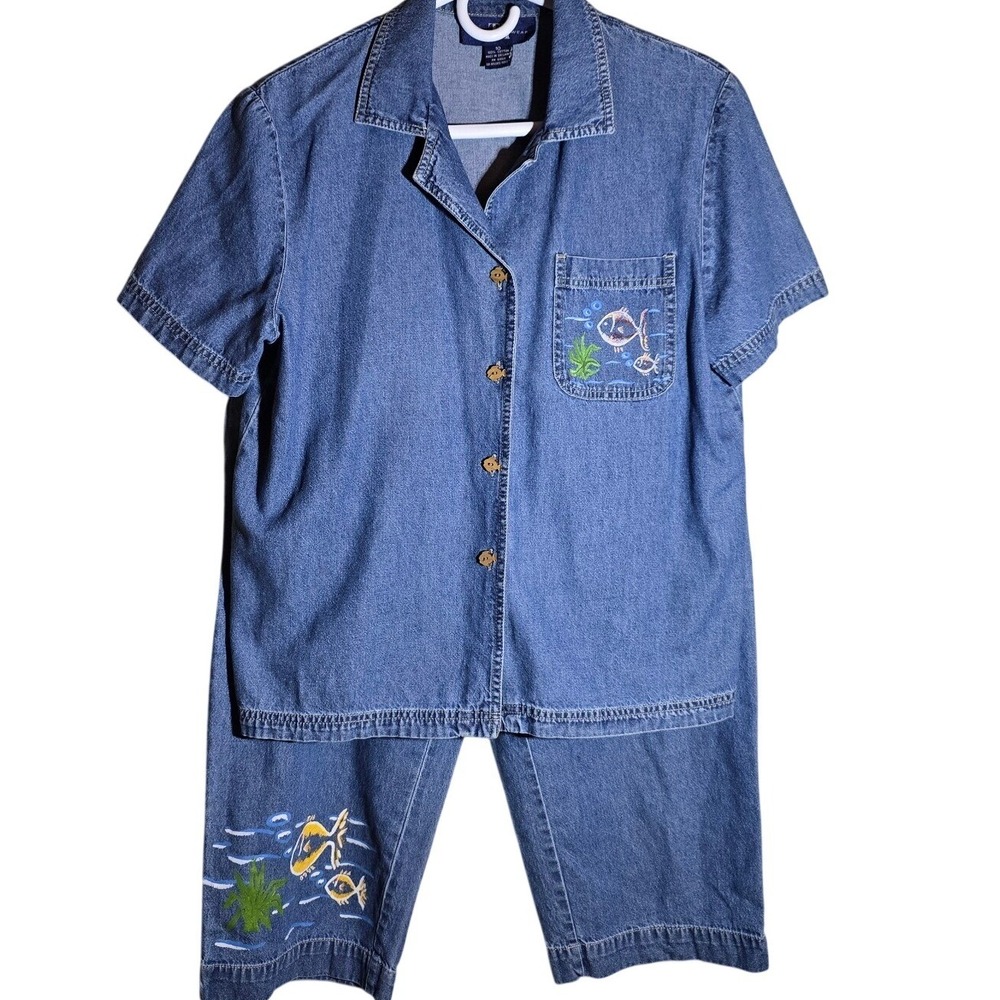 Original TY Wear 2-piece Capris Size 10‎ Painted Fish Wooden Buttons Denim